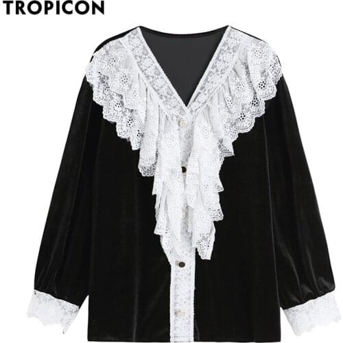 TROPICON Gothic Court Velvet Patchwork Lace Long Sleeve Top And Blouses Black Ruffle Ladies Blouses Fall 2021 Womens Fashion