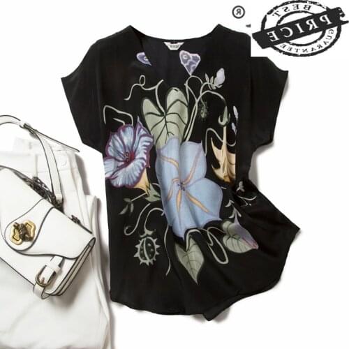 Harajuku Summer Real Silk Female T-shirt Women Clothing 2021 Vintage Korean Floral Black Crop Top Elegant T Shirts C022a