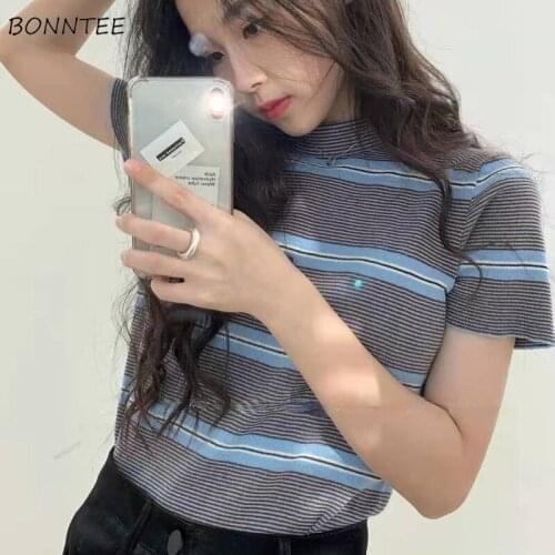 T-shirts Women Casual Camisetas Harajuku Summer Striped Breathable Button Crop Tops Tunic All-match Classic Y2K College Elegant