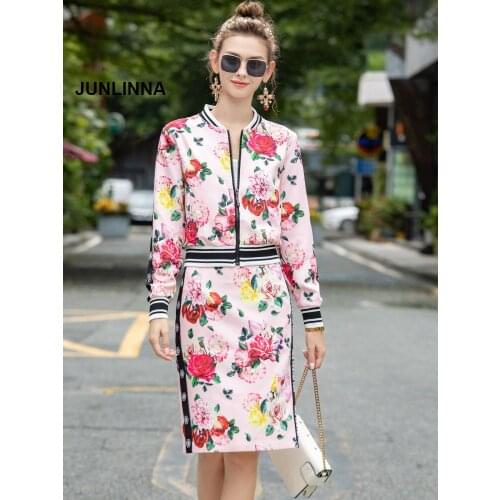 2021 Autumn Winter Designer Fashion 2 Pieces Womens Skirt Sets Pink Casual Jacket+Splited Midi Skirt Flower Print Sets