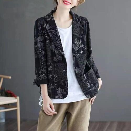 2021 New Arrival Spring/autumn Arts Style Women Loose Casual Long Sleeve Blazer Vintga Print Single Breasted Cotton Coat W17