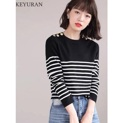 Shoulder Buckle Striped Base Knitted Sweater Women Long Sleeve Loose Round Neck Knitwear Top Casual Jumpers Female 2021 Autumn