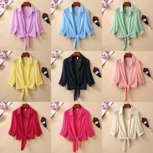 Women Ladies Short Sleeve Crop Top Summer Thin Half Sleeve Jacket Shawl Korean Fashion Chiffon Oversized T Shirt Womens Clothes