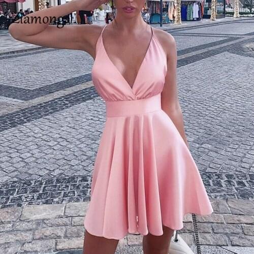 Ziamonga 2020 Summer New Off Shoulder Sleeveless Dress Womens Halter Backless Pleated Dress Women Satin A-Line Dresses