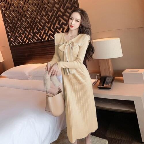 Vestidos 2020 New Year Cute Sash Bows Long Sleeve White Pleated Knitted Dress Elegant OL Women Tunic Mid-Calf Sweater Dress