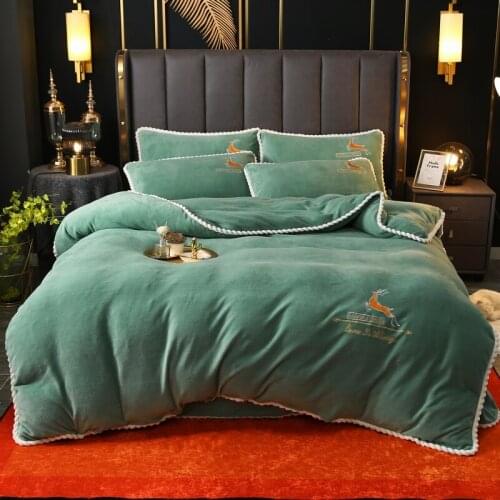 Winter Warm Fleece Bedding Set Embroidery Deer Flannel Solid Color Duvet Cover Sets Pillowcase Bed Sheet Linens Velvet Bedcovers