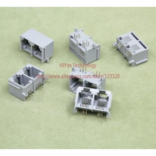 100pcs/lot) RJ11 6P4C 2 in 1 Grey Modular Jack Network Telephone Socket 4 Pin 90 Degree Needle Welded Type with side