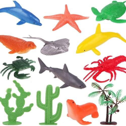 13Pcs Plastic Marine Animals Set Sealife Models Cacti Coconut Tree Childrens Toys Child Eduactional Toy Kids Boys Birthday Gift
