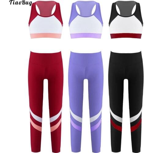 TiaoBug 2Pcs Kids Girls Sport Suit Color Block Round Neck Sleeveless Racer Back Crop Sport Tops And Leggings Pants Sportswear