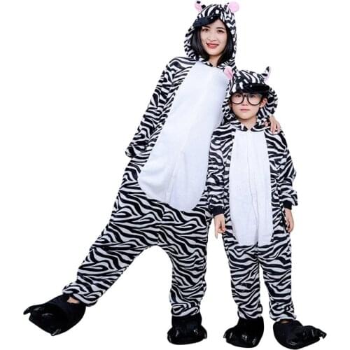 27kids Zebra Style Pajama Male Girl Onesie Animal Cosplay Winter Party Jumpsuit Parent-child Outfit Mother Daughter Clothes