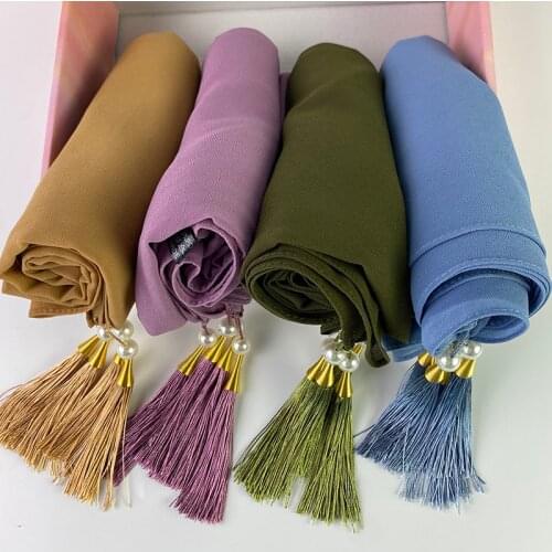 4pc/Box Premium Chiffon Custom Hijab Pearls Scarf With Tassel Muslim Headscarf Shawl and Wrap Female Foulard Turbante Stoles