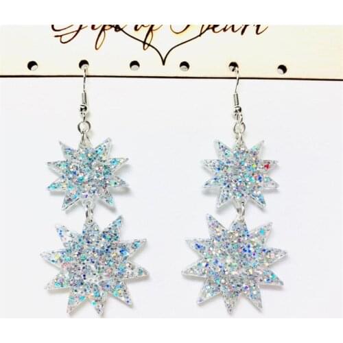 Rainbow Glitter Starburst Acrylic Earrings, Double Starbursts Statement Earrings Pierced or Clip-on
