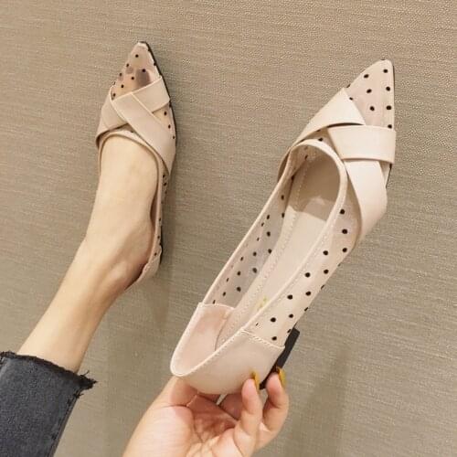 Air mesh patchwork pu bow-tie ballerina flats shoes women polka dot pointed toe loafers breathable cut-out shallow ballet shoes