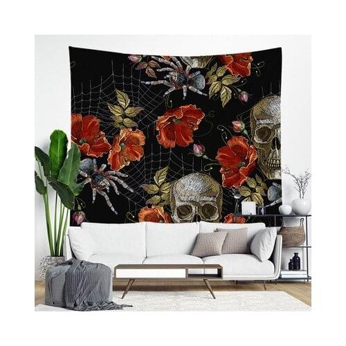 Skull Tapestry Skeleton Wall Art Flowers Wall Decor Tapestry Wall Hanging Personalized Skull Wall Art Black Background for Room