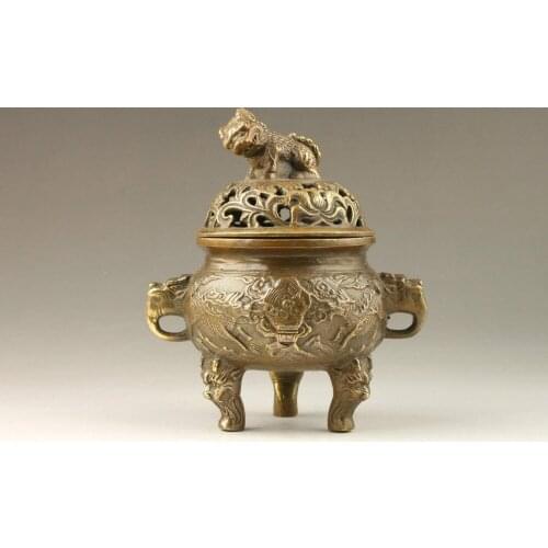 Decorated Anaglyph God Beast Bronze Incense Burner Ming Xuande Mark Medicine bronze Decoration 100% real Tibetan Silver Brass