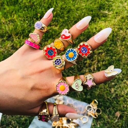 Ins Style Colorful Smiley Sunflower Rings for Women Aesthetic Y2K Love Heart Yin Yang Shaped Enamel Metal Ring Couple Jewelry