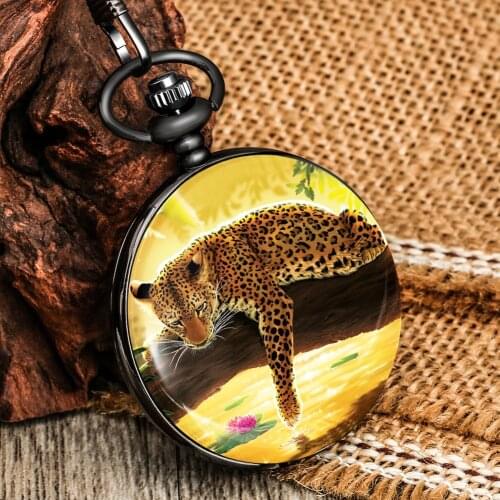 Animal Pattern Pocket Watch Clever Parrot Docile Cheetah Number Dial Quartz Childern Pendant Necklace Practical Gift Boys Kid