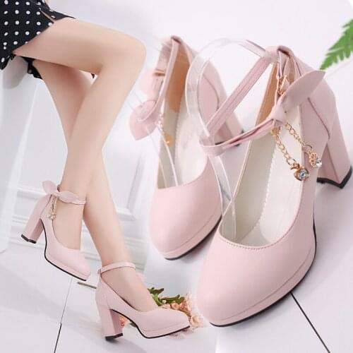 Classic Bridal Wedding Shoes Woman Metal Decoration Pumps Bowknot High Heel Designer Brand Chunky Heels Shoes Ladies Dress Pumps