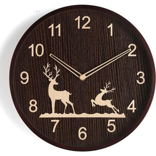 Beautiful elk christmas decoration wooden wall clock Classical living room silent clock