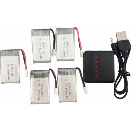 5PCS 3.7V 600mah Lithium Battery with 5-in-1 Balance Charger for MJX X708 X708W UDI U45 U45W U42 U42W Quadcopter