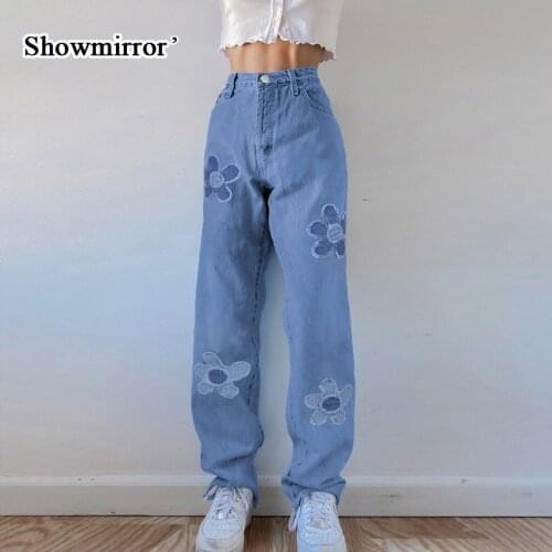 Showmirror Cute Flower Baggy Y2K Straight Jeans Woman Casual High Waist Sweatpants Floral Patches Denim Trousers Harajuku