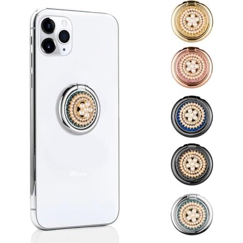 Fashion Luxury Universal Glitter Pearl Jewelled Flower Metal Finger Ring Mobile Phone Round Grip Stand Holder For iPhone Samsung