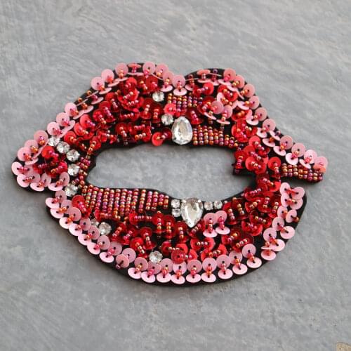 Fashion Handmade mouth rhinestone beaded patches for clothing DIY sew on patch embroidered applique lip sequins Parches
