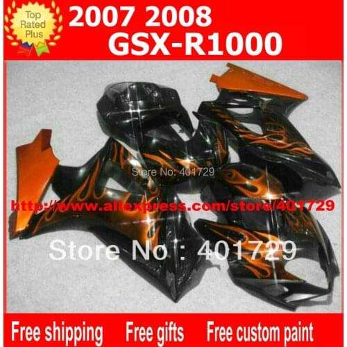 Bodywork fairings 7 gifts for Suzuki GSXR1000 GSX-R1000 2007 2008 K7 GSXR 1000 07 08 orange red flame in black fairing set AQ37