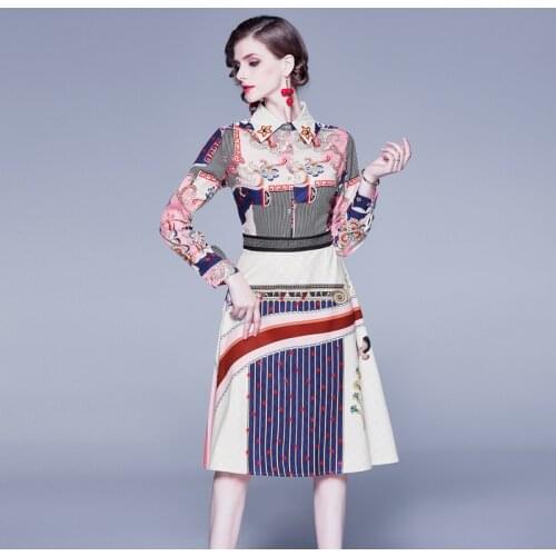 Autumn New French Style Fashion Woman Dress Knee-Length Long Sleeve Printed Slim Turn-down Collar Vestido Midi Elegante