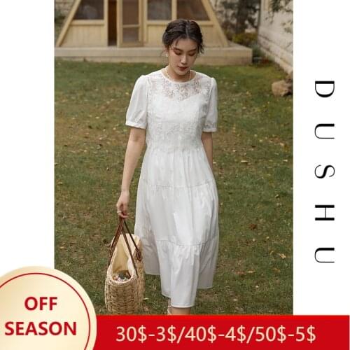 DUSHU Office Lady Womens White French Strap Dress 2021 Summer New Long Cake Sleeveless Dress For Women Clothes