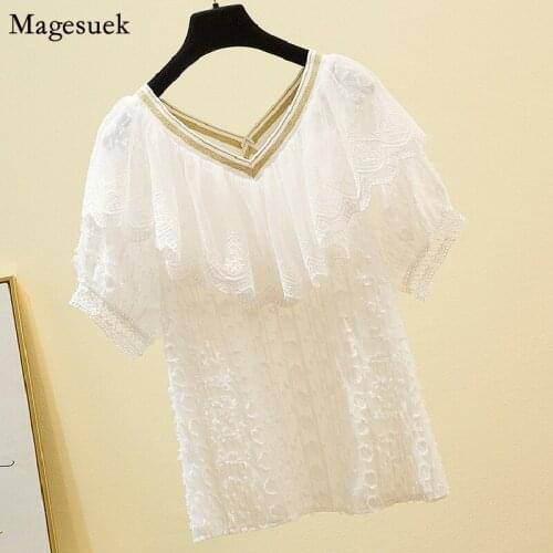 Plus Size L-4XL Womens Clothing 2021 Summer Casual V-neck Mesh Lace Chiffon Shirt Female Fashion White Woman Blouses Tops 14208
