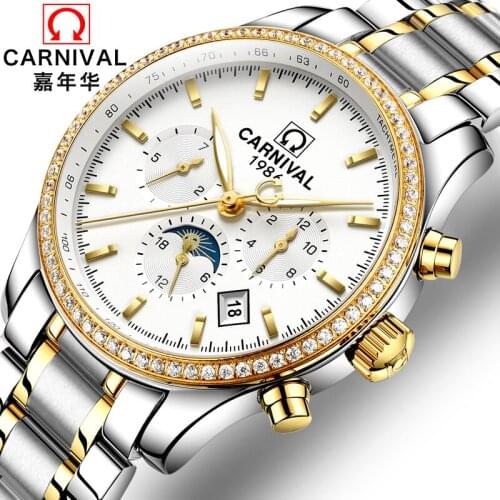 Luxury Carnival Moon Phase Luminous Waterproof watch men stainless steel Sapphire Automatic machine wristwatch relogio masculino