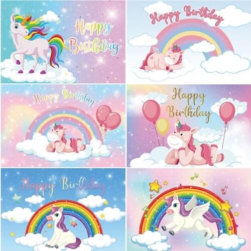 Pink Unicorn Rainbow Happy Birthday Banner Family Vacation Party Decoration Photography Photo Studio Studio Props Background