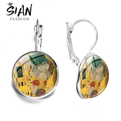 SIAN Gustav Klimt The Kiss Earrings Romantic Art Abstract Painting Life Tree Glass Photo Handmade Hook Earrings for Women Party