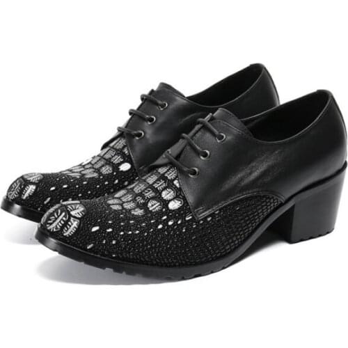 Mens Genuine Leather Dress Shoes High Heels Pointed Toe Increased Designer Wedding Man Footwear Black Office Work Shoes