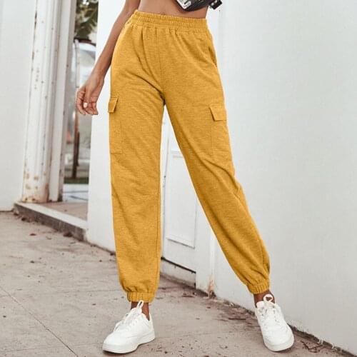 Solid Color Pocket Elastic Waist Straight Long Pants Women Casual Loose Streetwear Plus Size Jogging Sport Trousers