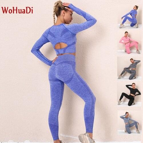 WOHUADI Seamless Sportswear Gym Yoga Sports Long Sleeve Shirt Set Women Clothes High Waist Leggings Fitness Girl Home Workout