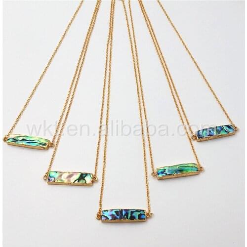 WT-N813 Wholesale Natural high quality abalone shell double loops necklace, 24k gold long bar abalone rectangle necklace