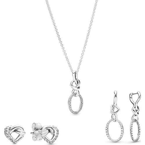 New Fashion High Quality Original 100% S925 Knotted Heart-shaped Charm Necklace Earring Set Female Luxury Romantic Jewelry