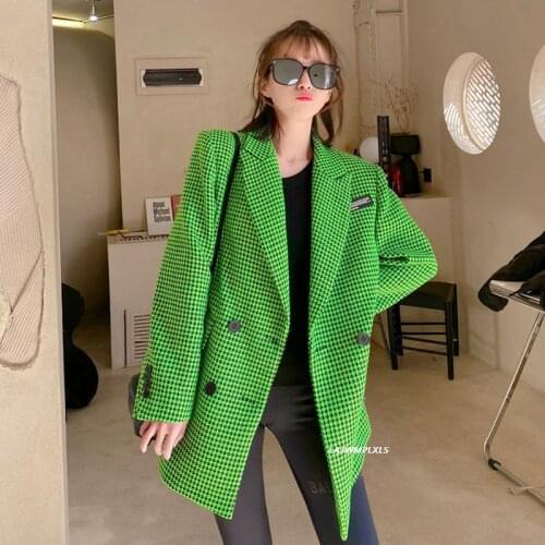 2021 Spring New Temperament Fashion Collect Waist Single Breasted Plaid Blazer Coat Women