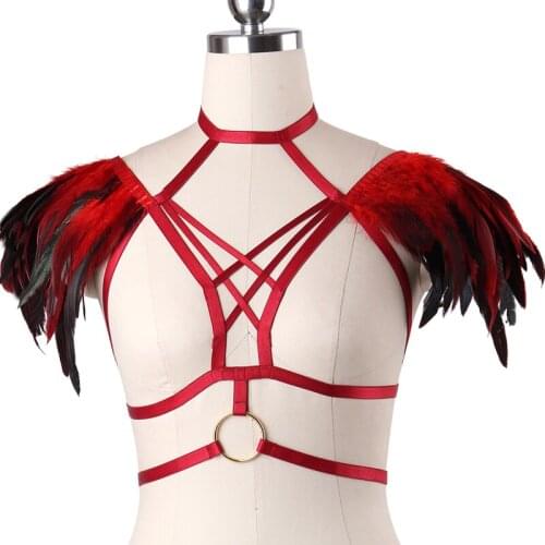 Womens Sexy Epaulette Angel Wings Cage Harajuku Harness Lingerie Body Harness Cage Bra Fetish Rave Wear Bondage Harness Bra