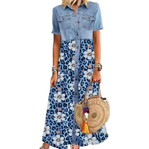 Women Dress Single-breasted Leopard Print Summer Lapel Pockets Short Sleeve Dress Party Single-breasted Leopard Print Dress