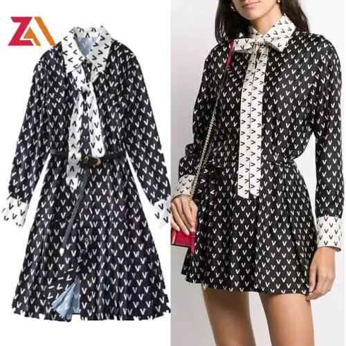 Designer Letter Printed Mini Dresses For Women Long Sleeve Streewear Bow Belt Office OL Ladies Shirt Dress Femme Robes Vestidos