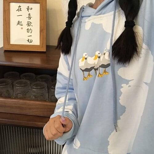 Harajuku winter harbor flavor blue sky white cloud printing lazy wind loose long-sleeved plus velvet sweater jacket female trend