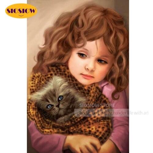 5D Diamond Painting Full Round Girl And Cat 3D Pictures Mosaic Embroidery Cross Stitch Kits Diy Hand Craft Kids Room Decor Gifts