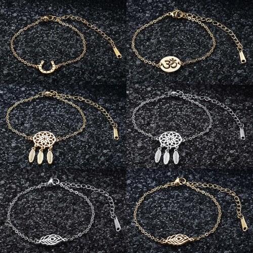 Dream Catcher Charm Bracelet Wholesale Stainless Steel Religious OM Jewelry Good Luck Clover Horseshoe Bracelets Dropshipping