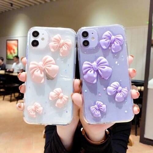 Gimfun Lovely Bowknot Phone Case for iPhone 12 Mini 11 Pro X XR XS 7 8plus Cartoon Pink Clear Soft Tpu Shockproof Back Cover
