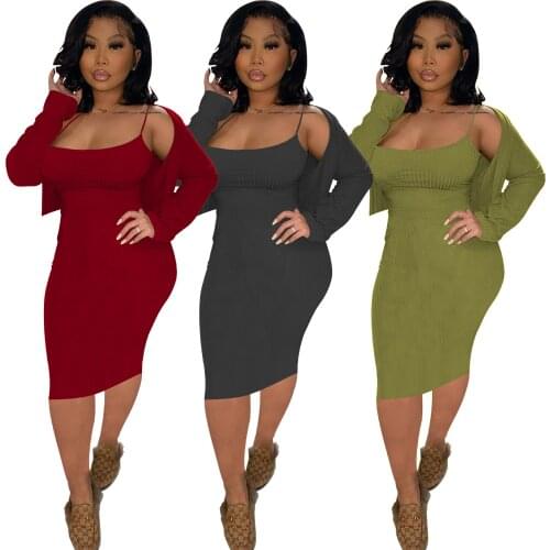 Elegant Solid Knitted Rib Solid Dress Set 2 Piece Outfits Casual Sling O Neck Bodycon Mini Dress + Short Coat Matching Set Suit