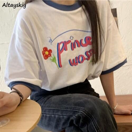 T-shirts Women Kawaii Letter Cute Flower Embroidery Summer Short Sleeve Loose Fashion Korean Style Teen Girls Casual College Ins