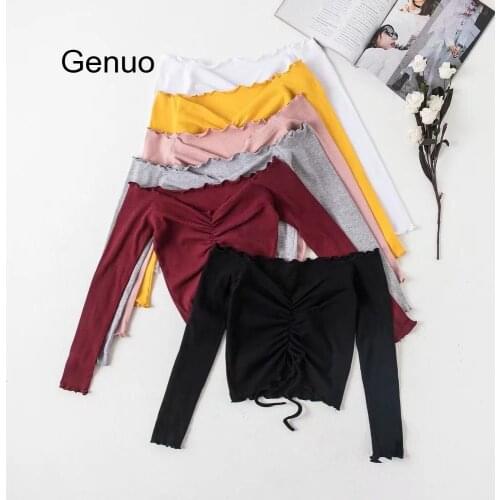 Ribbed Off Shoulder Drawstring Tie T Shirt Women Long Sleeve Short T-shirt Summer Casual Crop Top Female Tee Tshirts